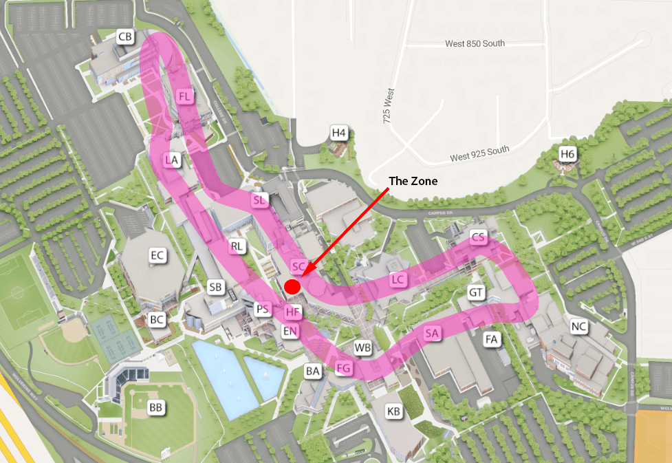 UVU main campus map with loops and "the Zone" highlighted.