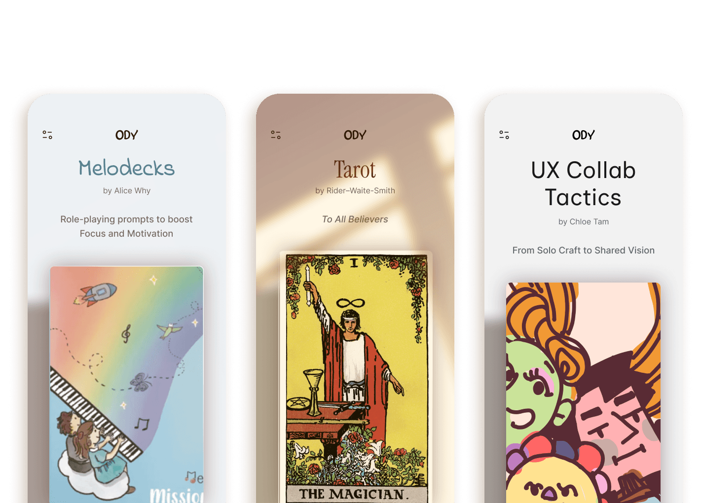 Pilot Content: Three distinctly themed card decks